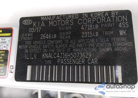 2017 Kia Cadenza Technology z USA, uszkodzony, nr VIN KNALC4J16H5073629